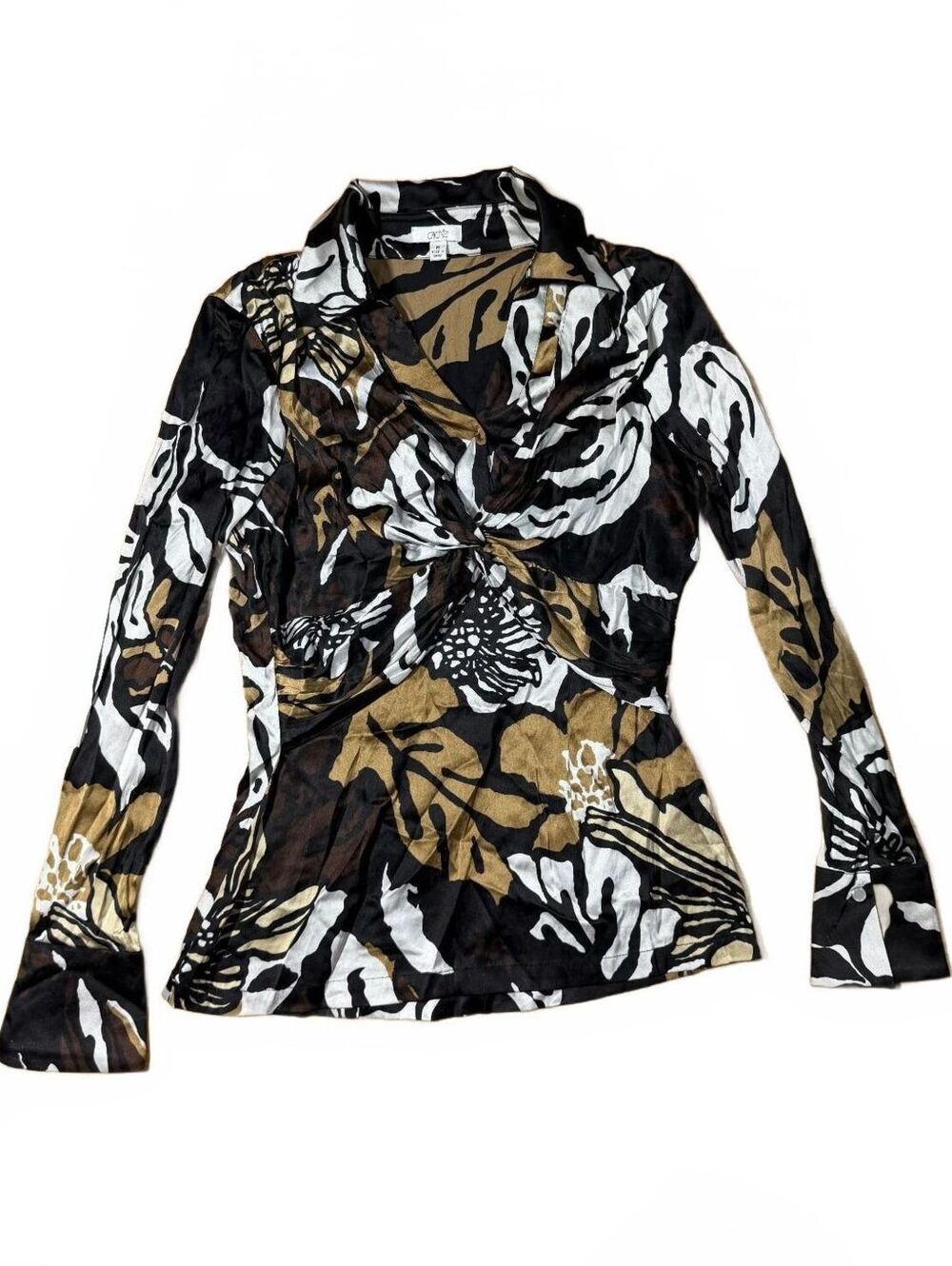 Y2K Caché Women's Silk Long Sleeve Brown Floral Blouse Size M